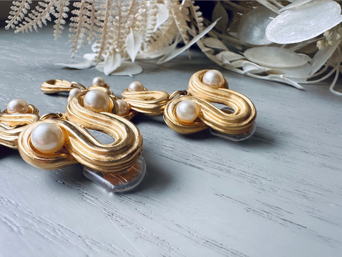top back Vintage Blanca Designer Pearl Drop Oversized Matte Gold Clip On Earrings