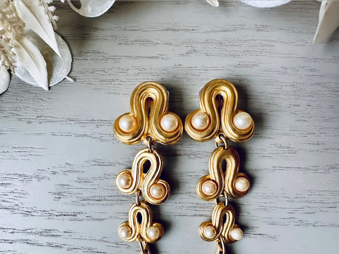 Vintage Blanca Designer Pearl Drop Oversized Matte Gold Clip On Earrings Modelled by Bethan Jayne from Piggle and Pop 