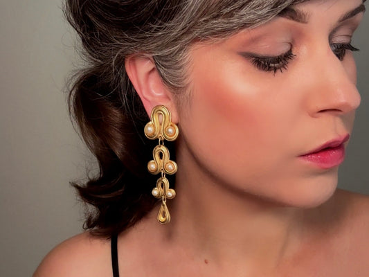 Gorgeous Vintage Blanca Designer Pearl Drop Oversized Matte Gold Clip On Earrings Modelled by Bethan Jayne from Piggle and Pop 