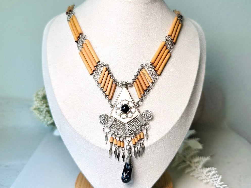 Vintage Bohemian Wire Work Necklace, Peruvian Bamboo Necklace with Silver and Onyx 