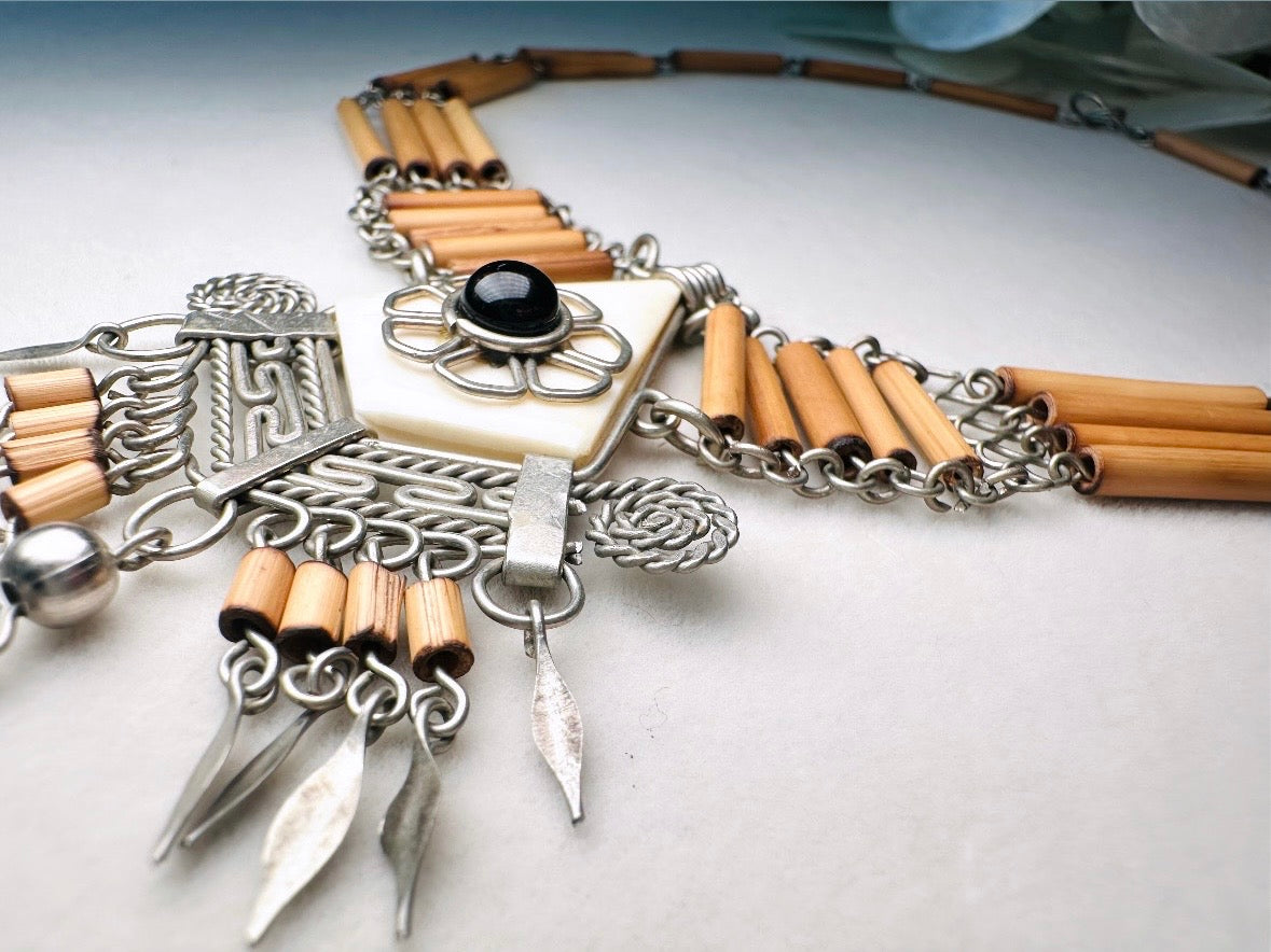Vintage Bohemian Wire Work Necklace, Peruvian Bamboo Necklace with Silver and Onyx 