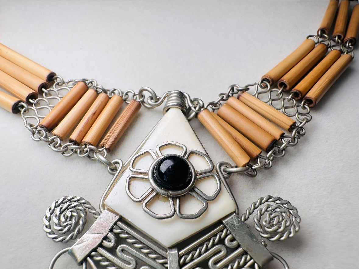 Vintage Bohemian Wire Work Necklace, Peruvian Bamboo Necklace with Silver and Onyx 