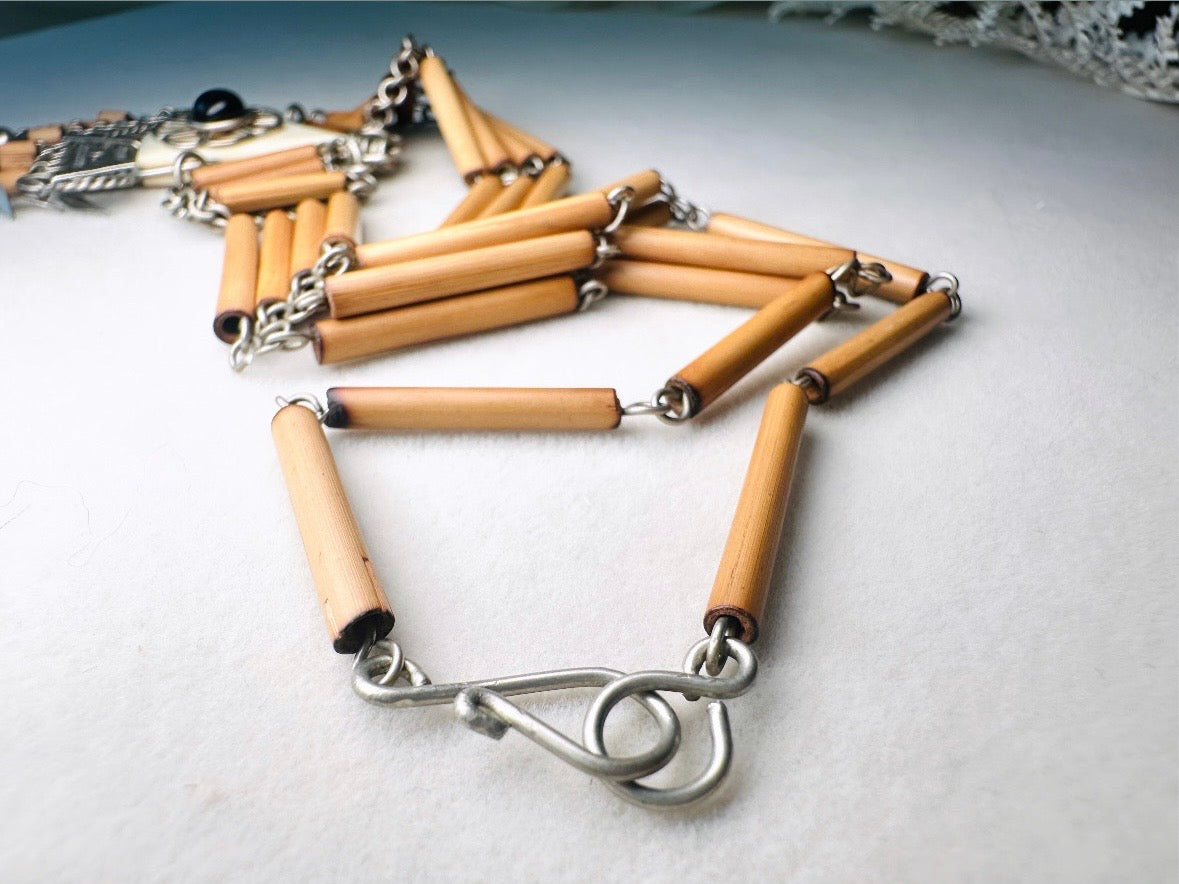 Vintage Bohemian Wire Work Necklace, Peruvian Bamboo Necklace with Silver and Onyx 