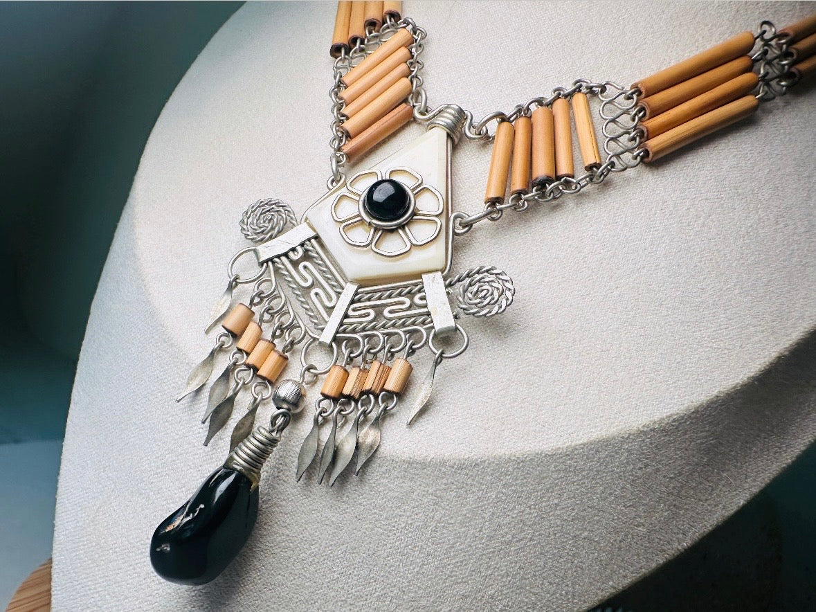 Vintage Bohemian Wire Work Necklace, Peruvian Bamboo Necklace with Silver and Onyx 