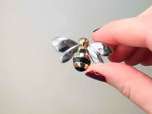 Vintage Bumblebee Brooch, Silver and Gold Liz Claiborne Mixed Metals Bee Pin with Black Enamel Stripes