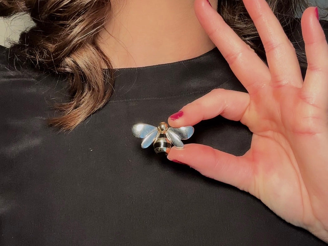 Vintage Bumblebee Brooch, Silver and Gold Liz Claiborne Mixed Metals Bee Pin with Black Enamel Stripes