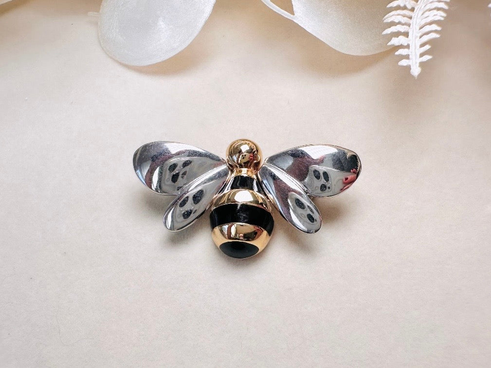 Vintage Bumblebee Brooch, Silver and Gold Liz Claiborne Mixed Metals Bee Pin with Black Enamel Stripes