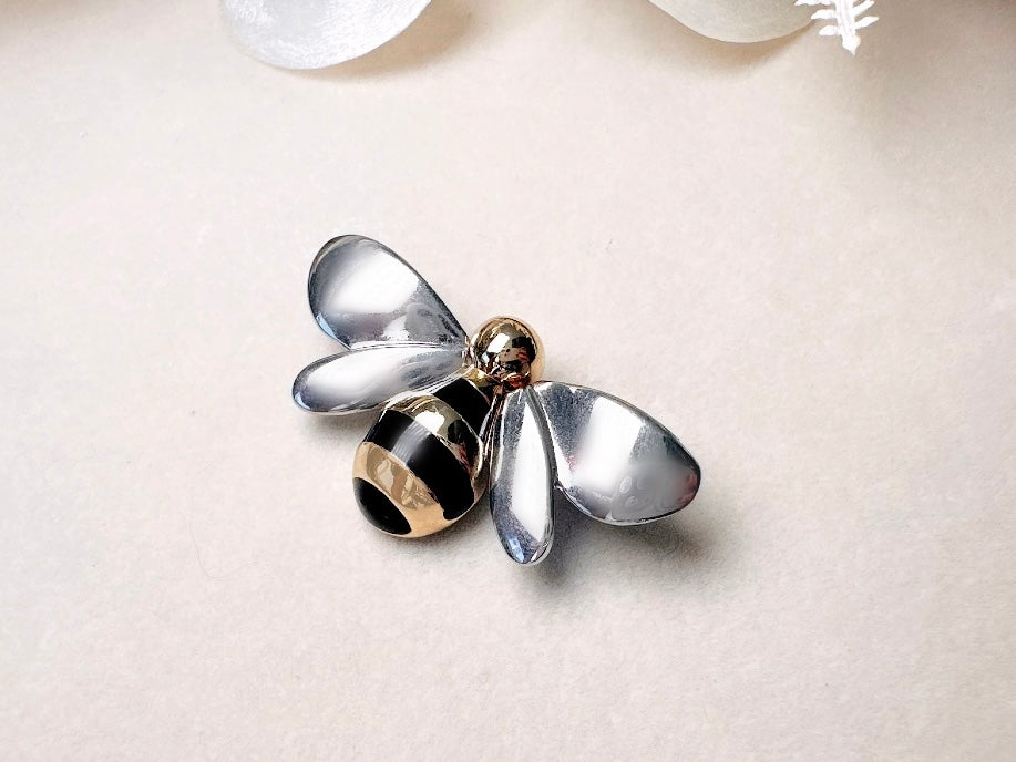 Vintage Bumblebee Brooch, Silver and Gold Liz Claiborne Mixed Metals Bee Pin with Black Enamel Stripes