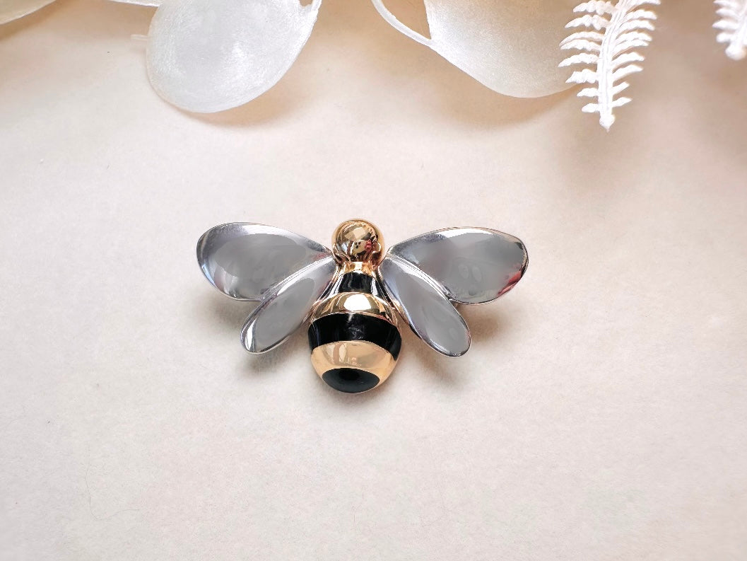 Vintage Bumblebee Brooch, Silver and Gold Liz Claiborne Mixed Metals Bee Pin with Black Enamel Stripes