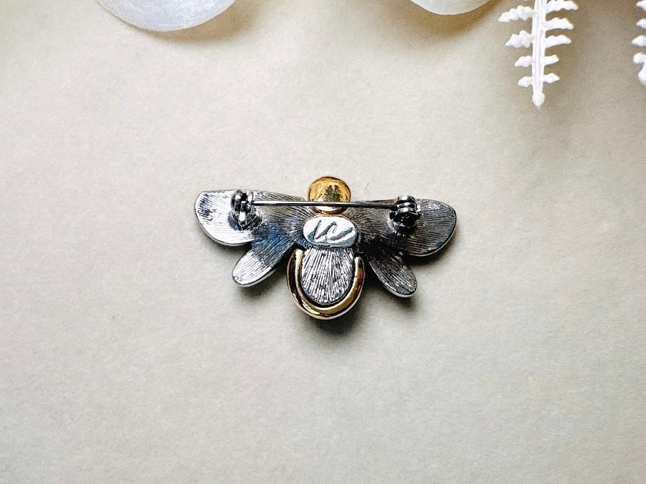 Vintage Bumblebee Brooch, Silver and Gold Liz Claiborne Mixed Metals Bee Pin with Black Enamel Stripes