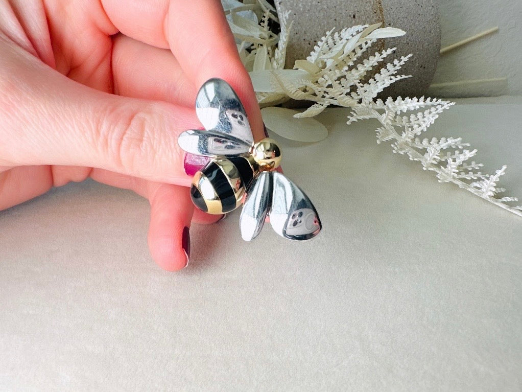 Vintage Bumblebee Brooch, Silver and Gold Liz Claiborne Mixed Metals Bee Pin with Black Enamel Stripes