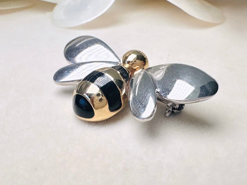 Vintage Bumblebee Brooch, Silver and Gold Liz Claiborne Mixed Metals Bee Pin with Black Enamel Stripes