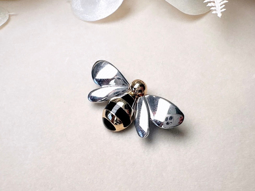 Vintage Bumblebee Brooch, Silver and Gold Liz Claiborne Mixed Metals Bee Pin with Black Enamel Stripes