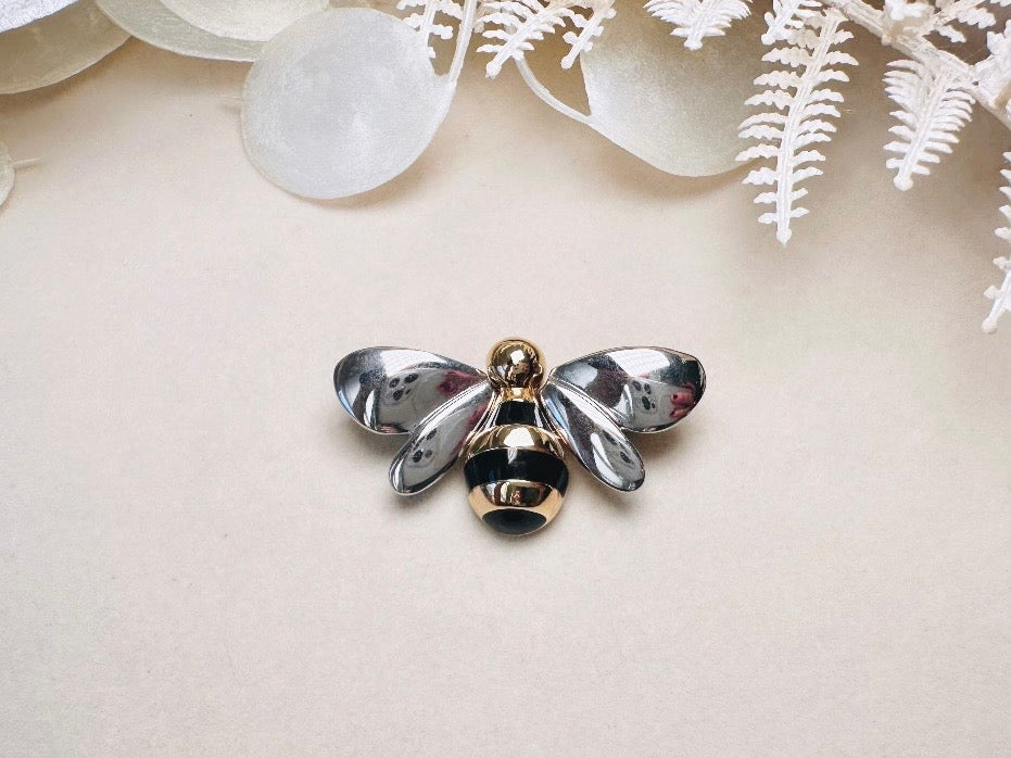 Vintage Bumblebee Brooch, Silver and Gold Liz Claiborne Mixed Metals Bee Pin with Black Enamel Stripes