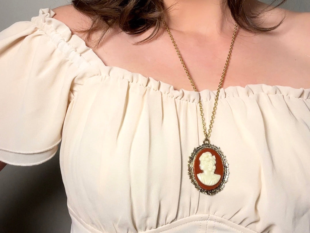 Vintage Cameo Necklace, Rust Red and Cream Victorian Pendant Necklace