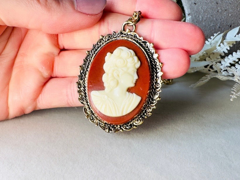 Vintage Cameo Necklace, Rust Red and Cream Victorian Pendant Necklace