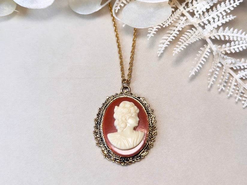 Vintage Cameo Necklace, Rust Red and Cream Victorian Pendant Necklace