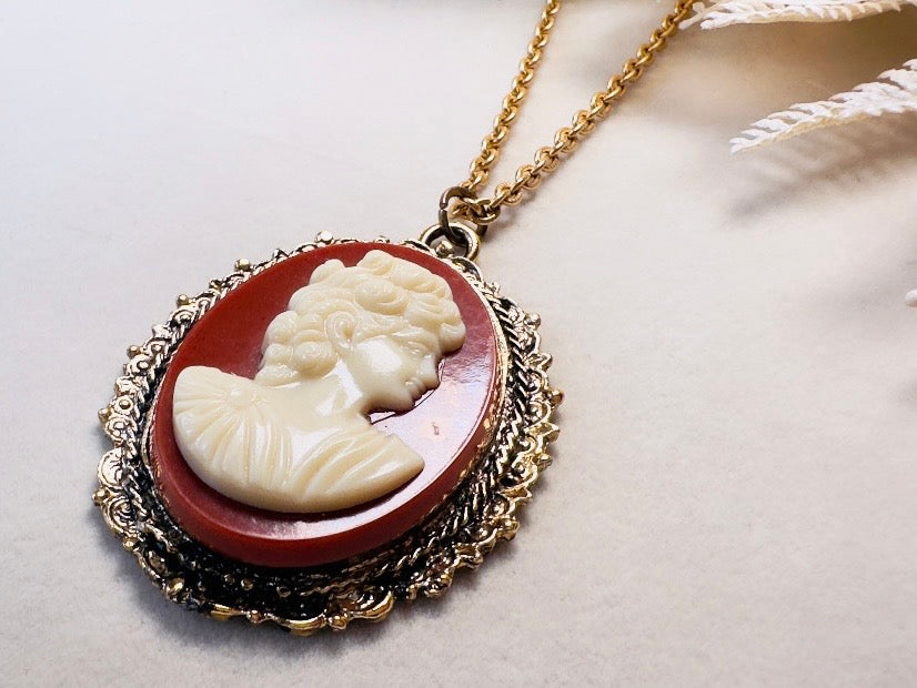 Vintage Cameo Necklace, Rust Red and Cream Victorian Pendant Necklace