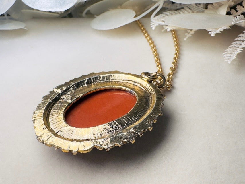 Vintage Cameo Necklace, Rust Red and Cream Victorian Pendant Necklace