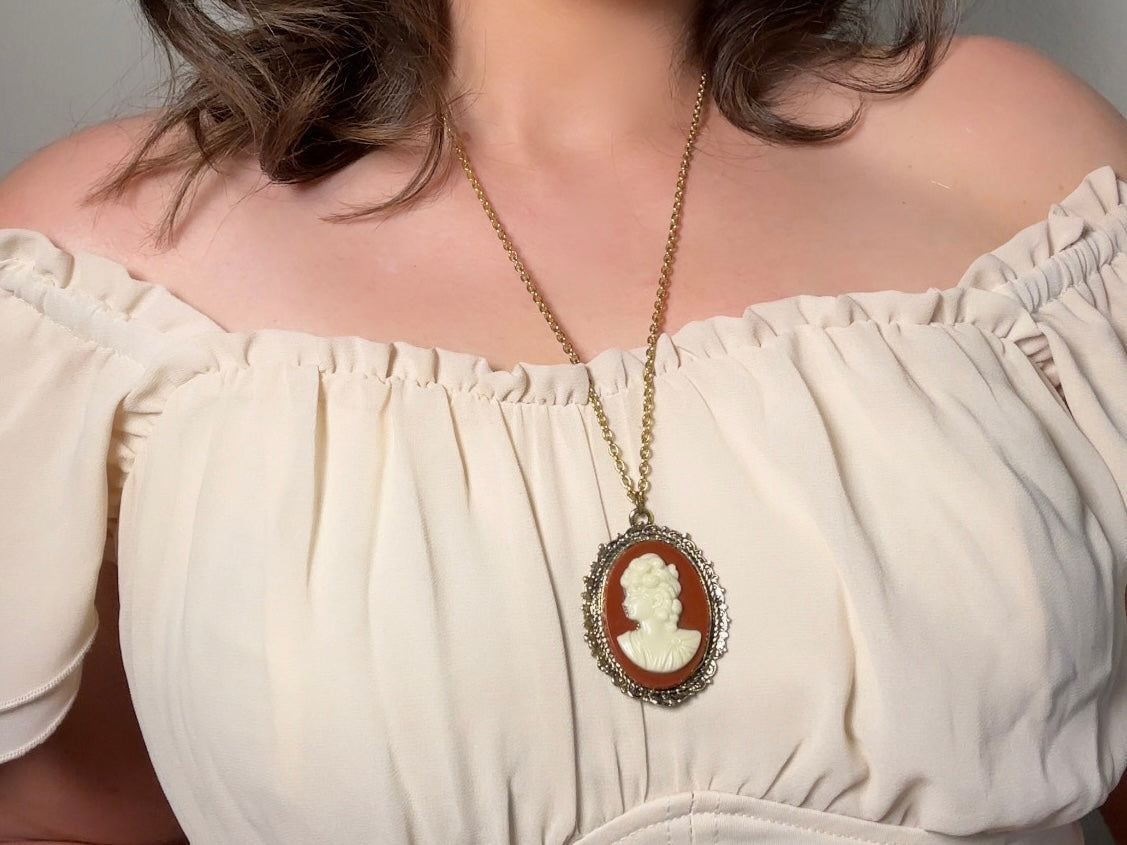 Vintage Cameo Necklace, Rust Red and Cream Victorian Pendant Necklace