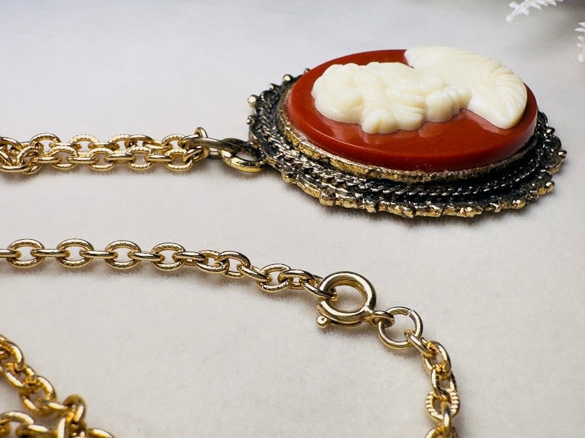 Vintage Cameo Necklace, Rust Red and Cream Victorian Pendant Necklace