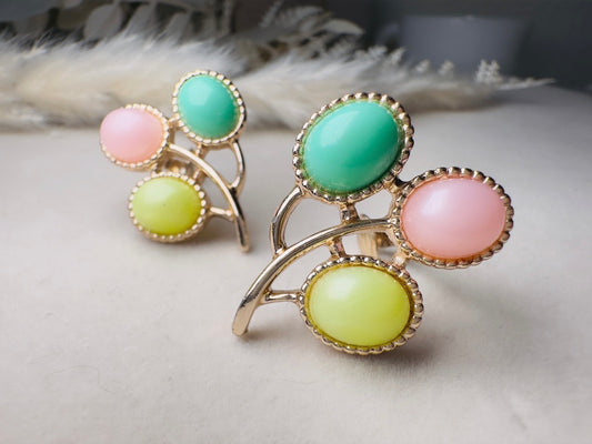 Vintage Candyland Earrings, 70s Pastel Clip Ons in Pink Mint and Chartreuse, Colorful Spring Jewelry