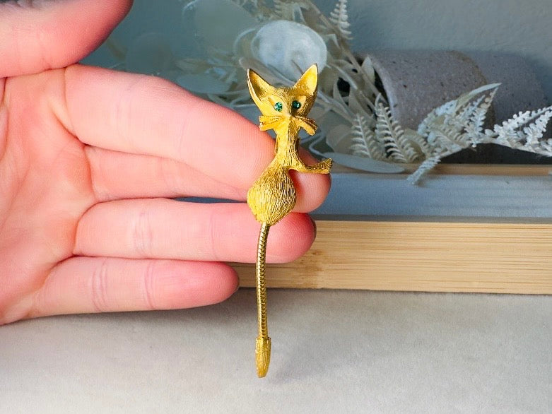 Vintage Cat Brooch, Gold Cat Pin with Emerald Green Eyes and Flexible Tail