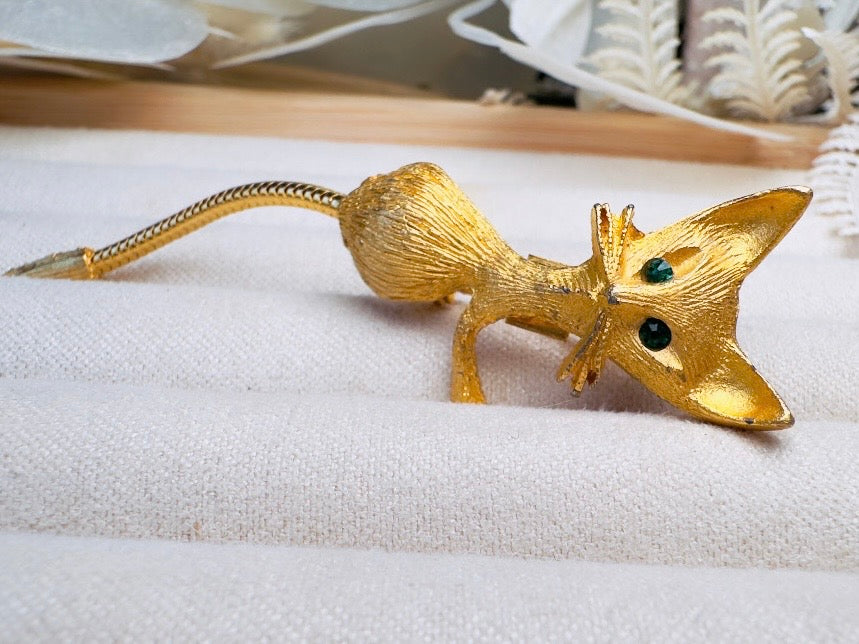 Vintage Cat Brooch, Gold Cat Pin with Emerald Green Eyes and Flexible Tail