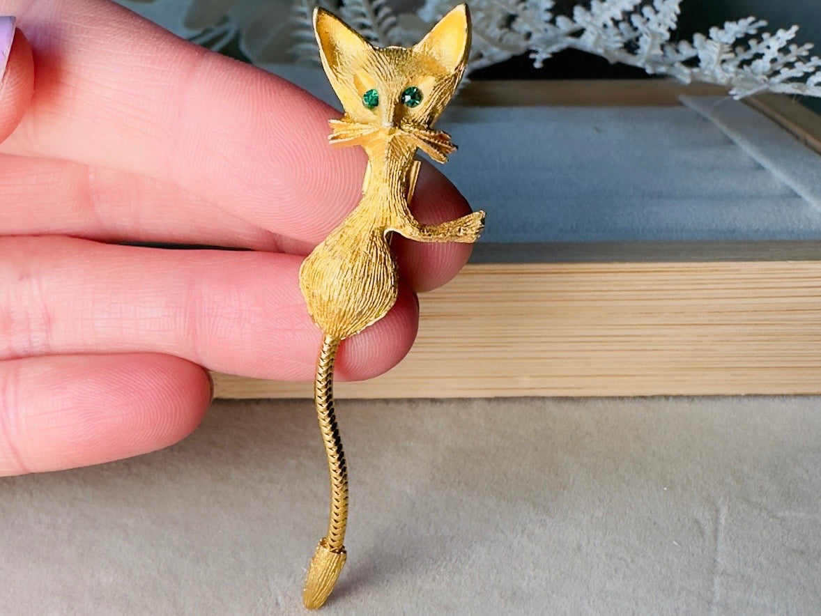 Vintage Cat Brooch, Gold Cat Pin with Emerald Green Eyes and Flexible Tail