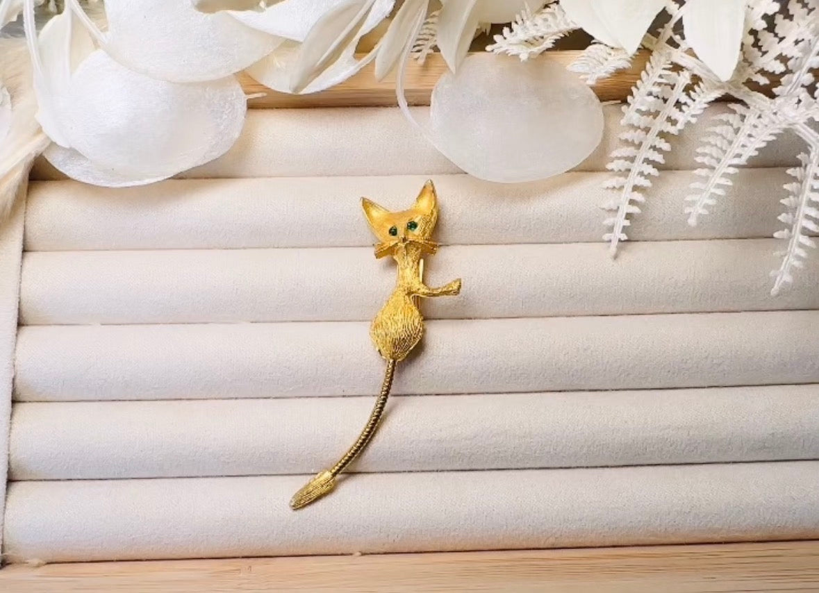 Vintage Cat Brooch, Gold Cat Pin with Emerald Green Eyes and Flexible Tail