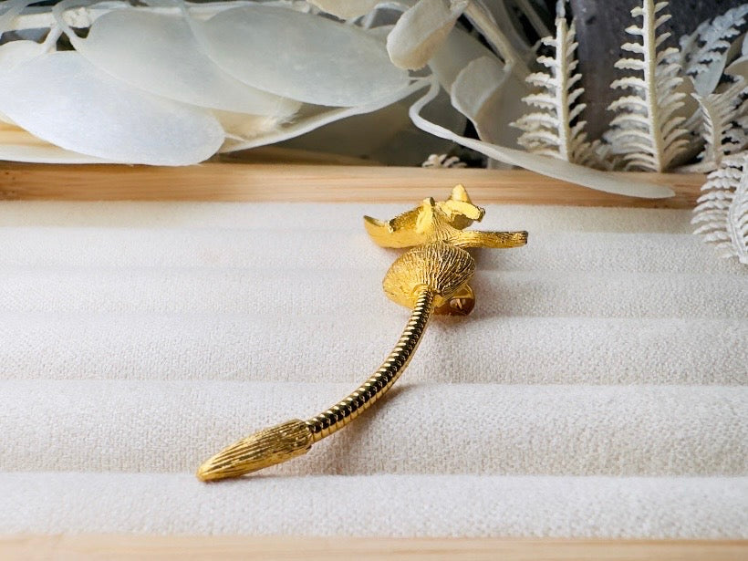 Vintage Cat Brooch, Gold Cat Pin with Emerald Green Eyes and Flexible Tail