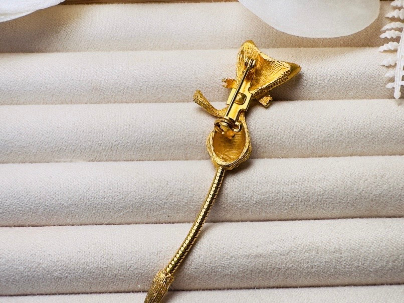 Vintage Cat Brooch, Gold Cat Pin with Emerald Green Eyes and Flexible Tail