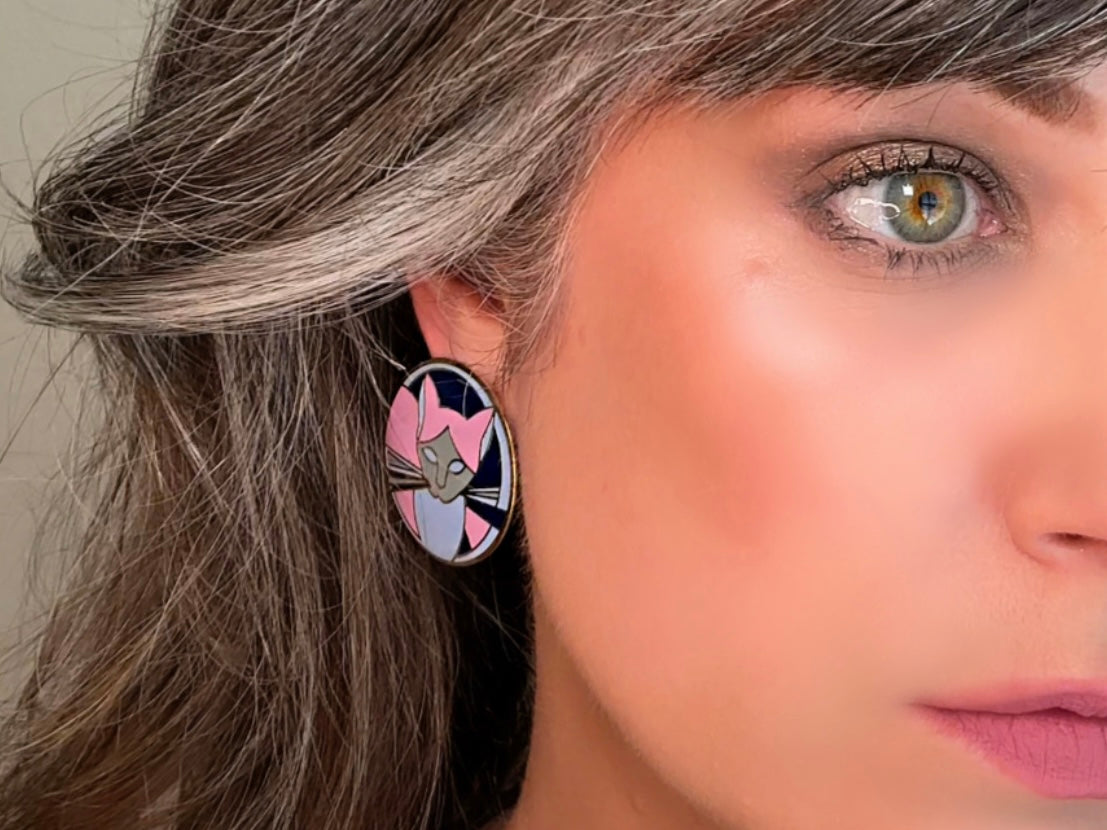 Vintage Cat Earrings, Purple and Periwinkle 1980s MEOW Signed Designer Enamel Pierced Earrings, Whimsical Kitschy Big Siamese Cat Earrings modelled