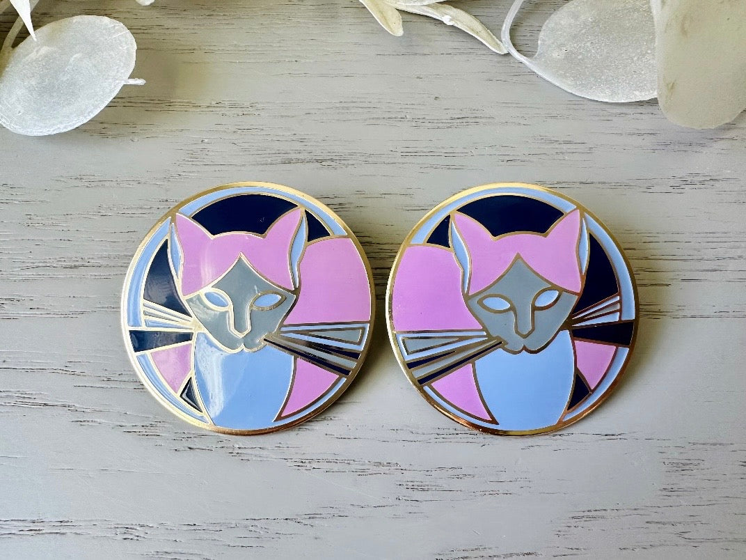 Vintage Cat Earrings, Purple and Periwinkle 1980s MEOW Signed Designer Enamel Pierced Earrings, Whimsical Kitschy Big Siamese Cat Earrings close