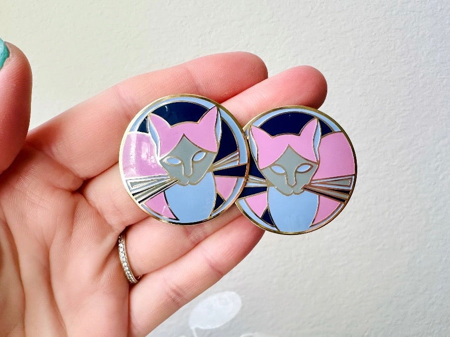 Vintage Cat Earrings, Purple and Periwinkle 1980s MEOW Signed Designer Enamel Pierced Earrings, from Piggle and Pop held in hand