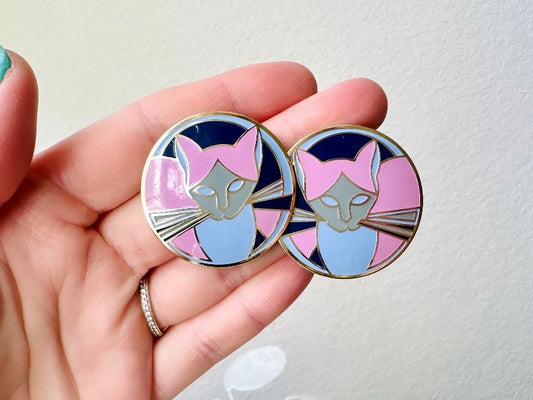 Vintage Cat Earrings, Purple and Periwinkle 1980s MEOW Signed Designer Enamel Pierced Earrings, from Piggle and Pop held in hand