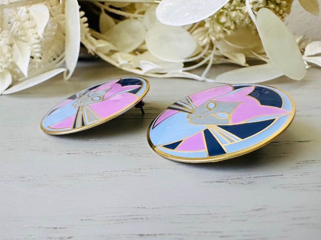 Vintage Cat Earrings, Purple and Periwinkle 1980s MEOW Signed Designer Enamel Pierced Earrings, from Piggle and Pop side view