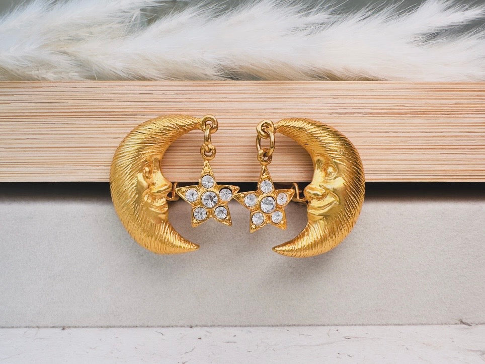 Vintage Celestial Earrings, Gold Crescent Moon Earrings with Crystal Star Charms, Whimsigoth Clip On Earrings