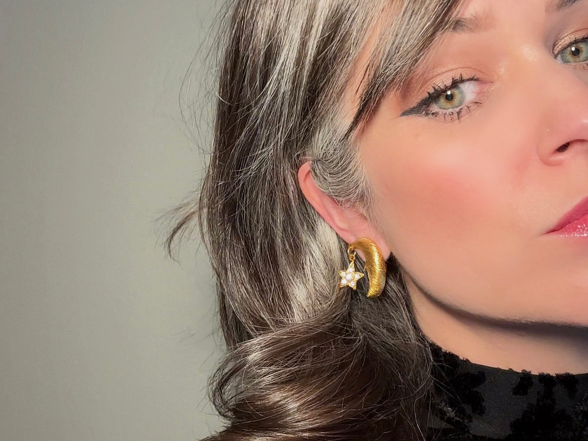 Vintage Celestial Earrings, Gold Crescent Moon Earrings with Crystal Star Charms, Whimsigoth Clip On Earrings