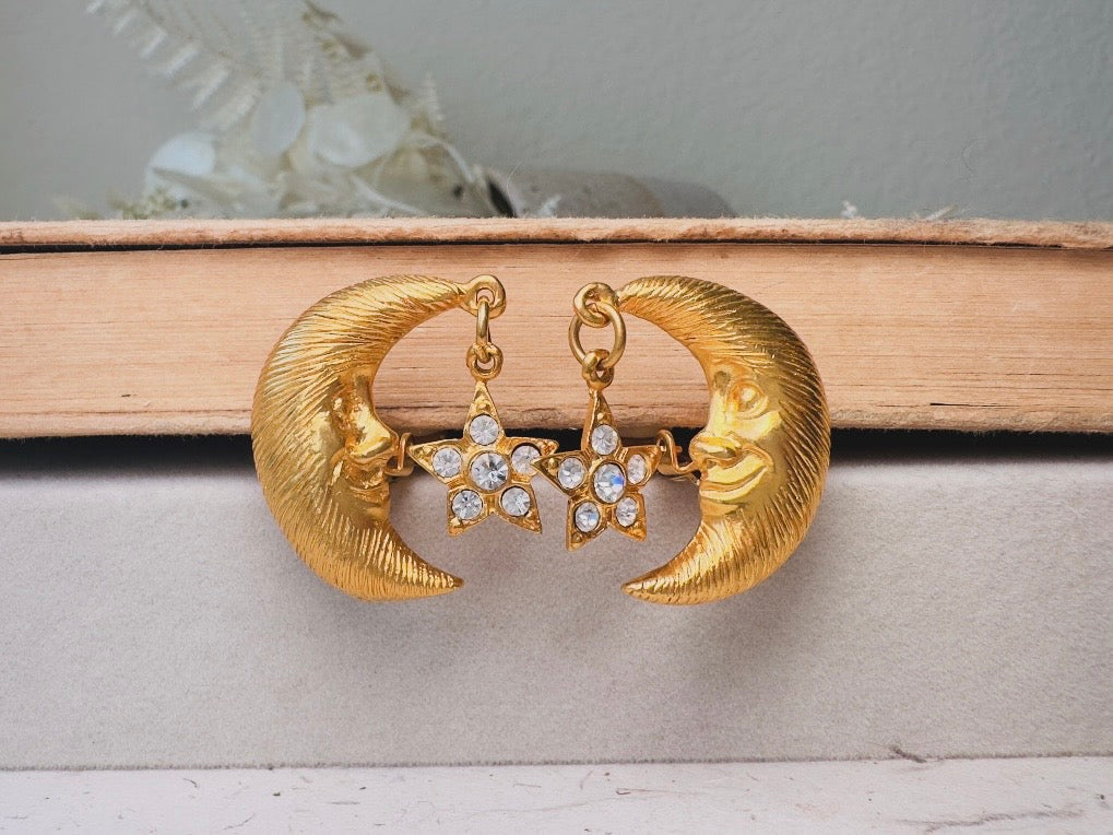 Vintage Celestial Earrings, Gold Crescent Moon Earrings with Crystal Star Charms, Whimsigoth Clip On Earrings