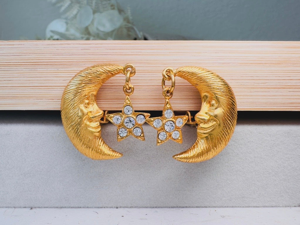 Vintage Celestial Earrings, Gold Crescent Moon Earrings with Crystal Star Charms, Whimsigoth Clip On Earrings