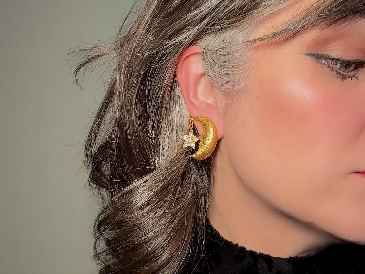 Vintage Celestial Earrings, Gold Crescent Moon Earrings with Crystal Star Charms, Whimsigoth Clip On Earrings