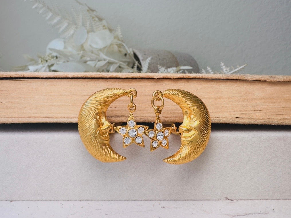 Vintage Celestial Earrings, Gold Crescent Moon Earrings with Crystal Star Charms, Whimsigoth Clip On Earrings