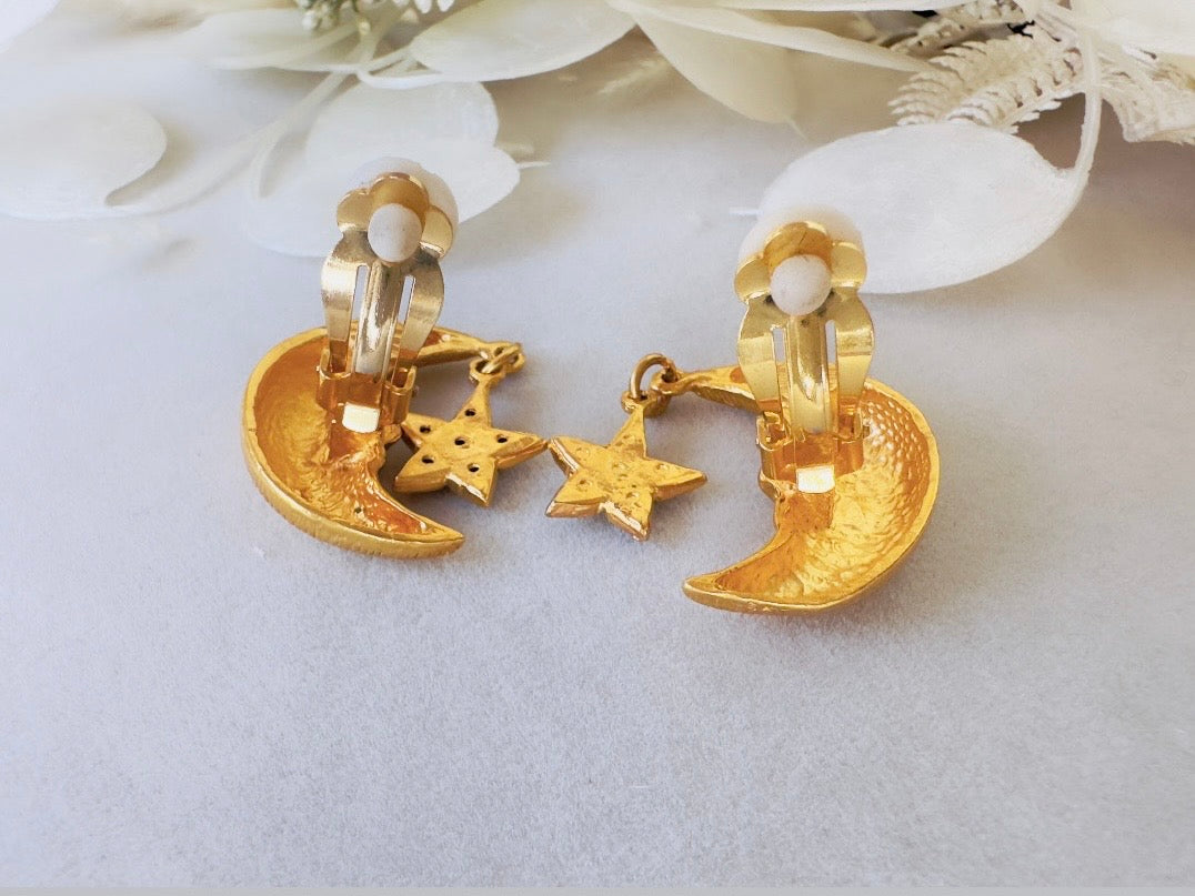 Vintage Celestial Earrings, Gold Crescent Moon Earrings with Crystal Star Charms, Whimsigoth Clip On Earrings