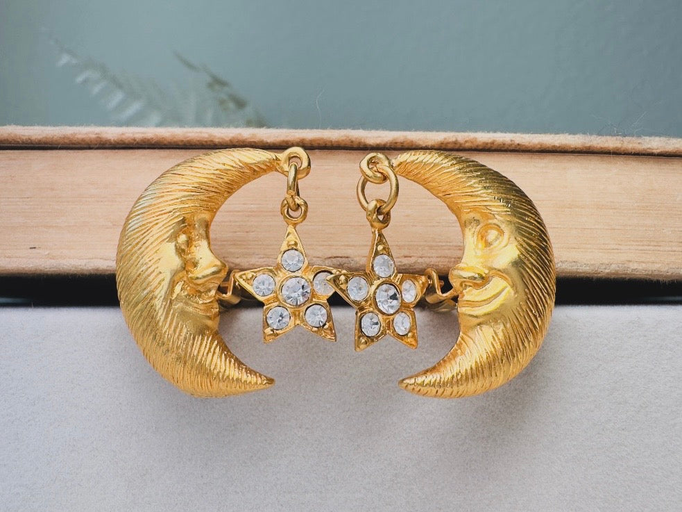 Vintage Celestial Earrings, Gold Crescent Moon Earrings with Crystal Star Charms, Whimsigoth Clip On Earrings