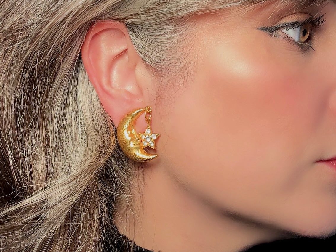 Vintage Celestial Earrings, Gold Crescent Moon Earrings with Crystal Star Charms, Whimsigoth Clip On Earrings