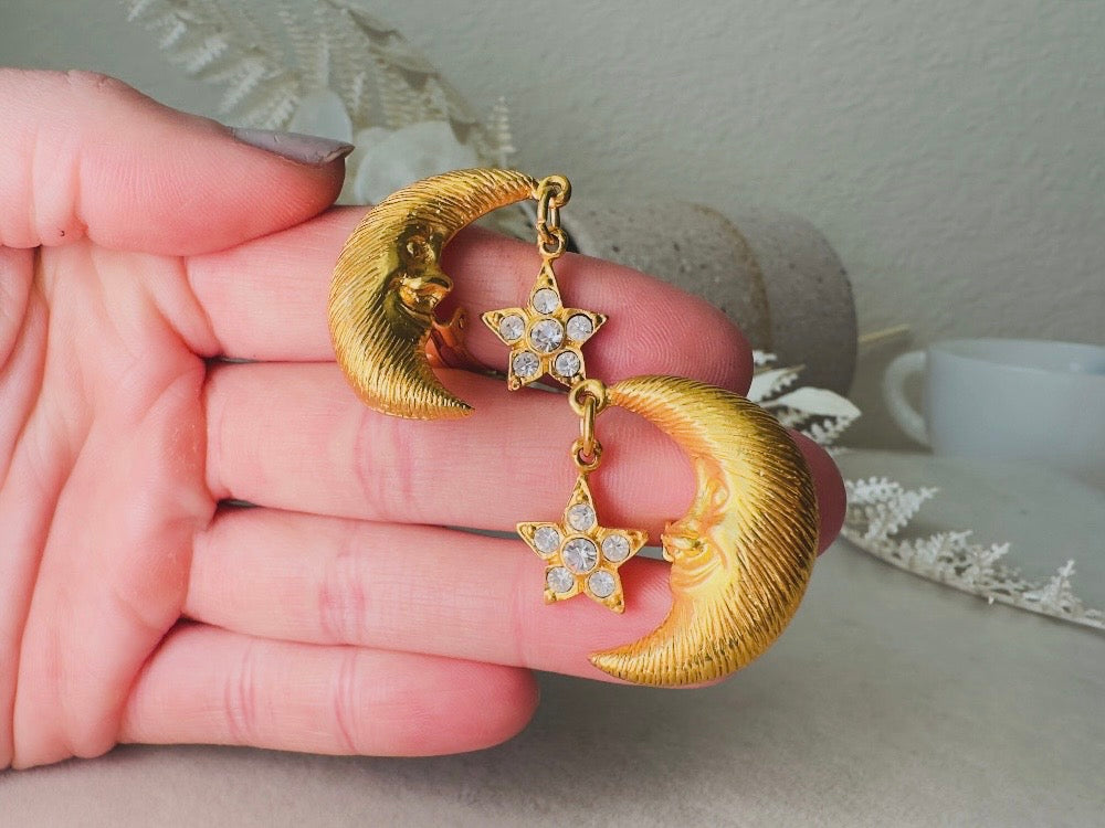 Vintage Celestial Earrings, Gold Crescent Moon Earrings with Crystal Star Charms, Whimsigoth Clip On Earrings