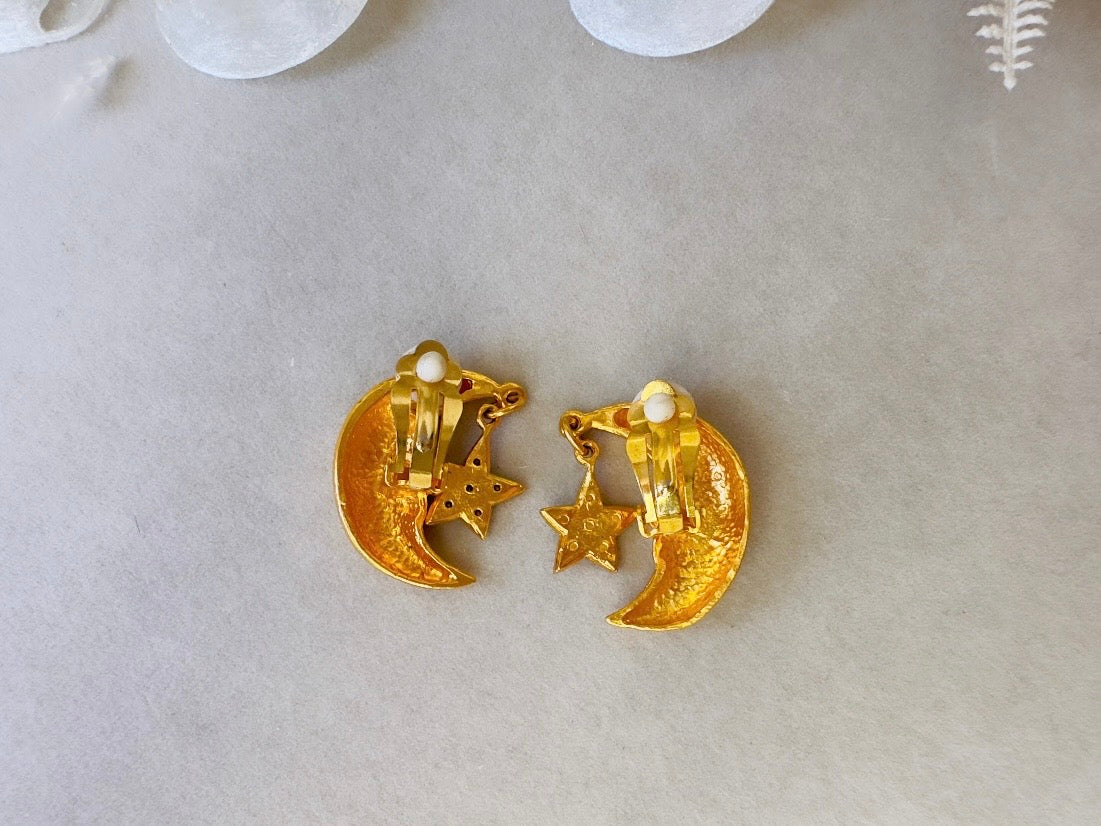 Vintage Celestial Earrings, Gold Crescent Moon Earrings with Crystal Star Charms, Whimsigoth Clip On Earrings