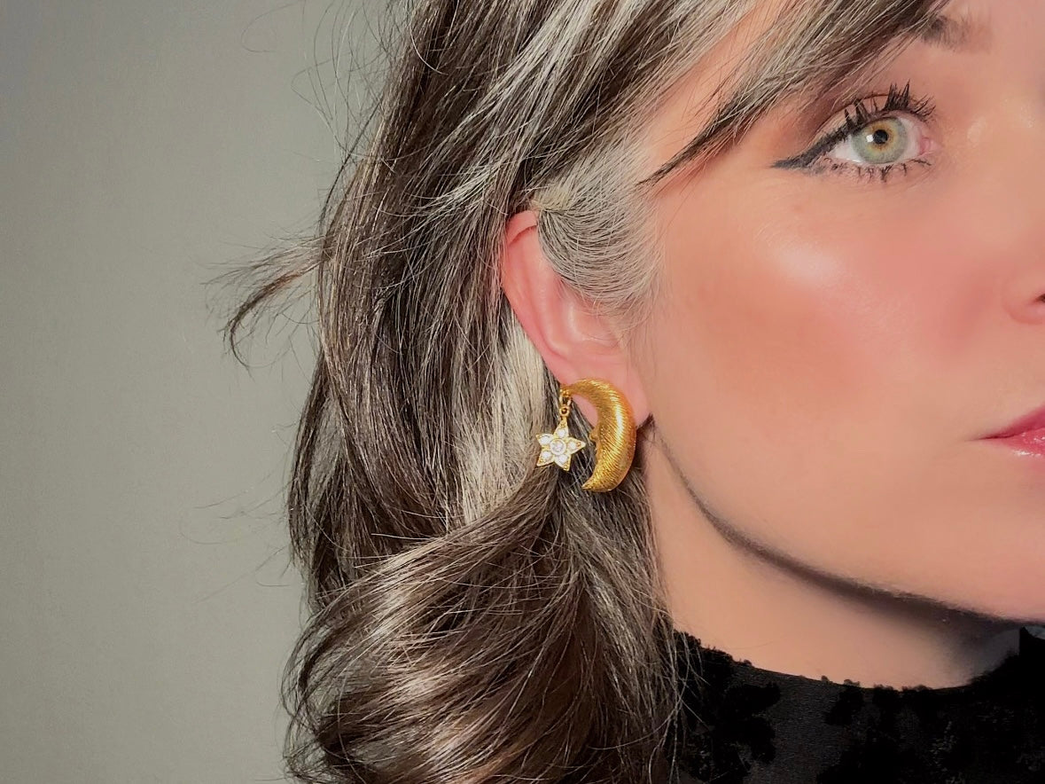 Vintage Celestial Earrings, Gold Crescent Moon Earrings with Crystal Star Charms, Whimsigoth Clip On Earrings
