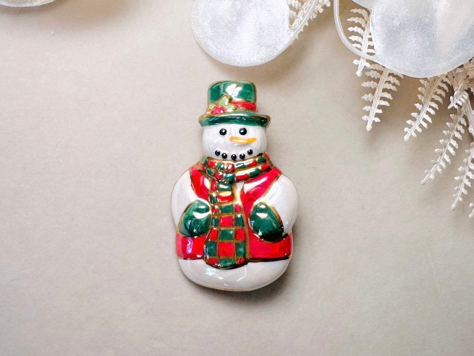 Vintage Christmas Snowman Brooch, Winter Wonderland Frosty Pin with Hat and Scarf, Red White and Green Pearlized Ceramic 80s Christmas Gift